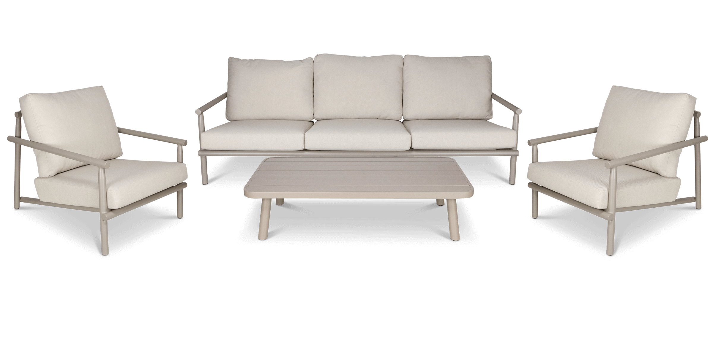 Havana 3 Seater with 2 x Armchair and Coffee Table in Latte with Dune Rope Inlay and Olefin Cushions