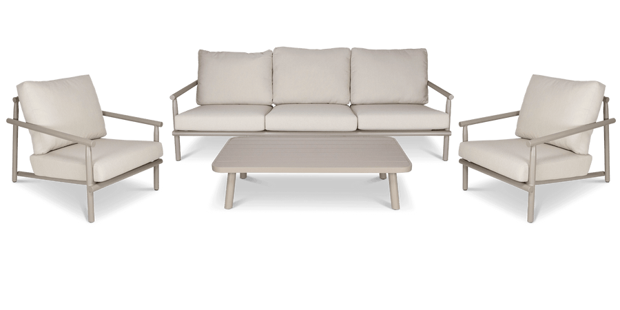Havana 3 Seater with 2 x Armchair and Coffee Table in Latte with Dune Rope Inlay and Olefin Cushions