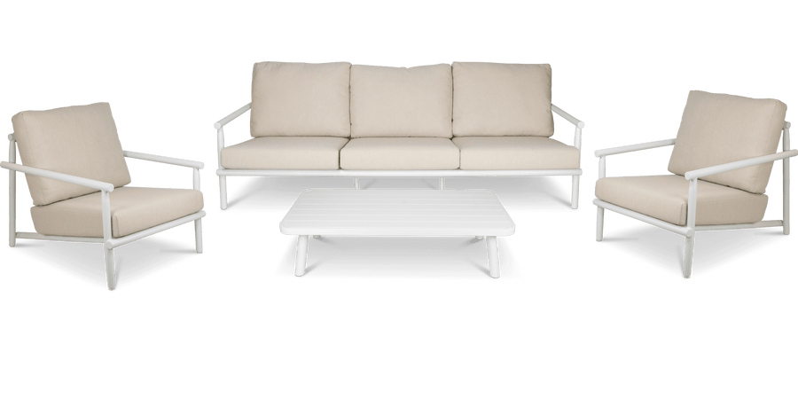 Havana 3 Seater with 2 x Armchair and Coffee Table in Arctic White with Dune Rope Inlay and Olefin Cushions