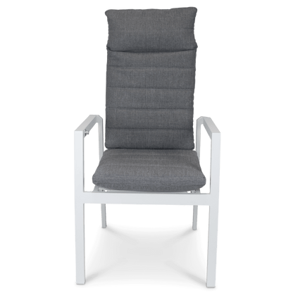 San Sebastian Reclining Dining Chair in Arctic White and Platinum Olefin Cushions