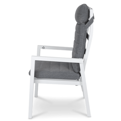 San Sebastian Reclining Dining Chair in Arctic White and Platinum Olefin Cushions