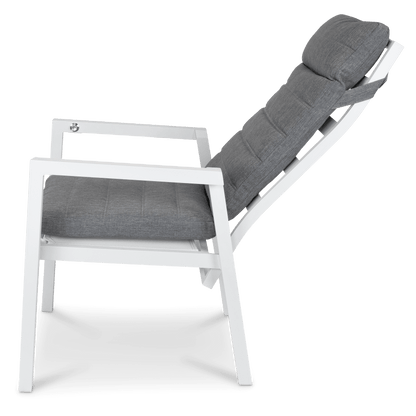 San Sebastian Reclining Dining Chair in Arctic White and Platinum Olefin Cushions