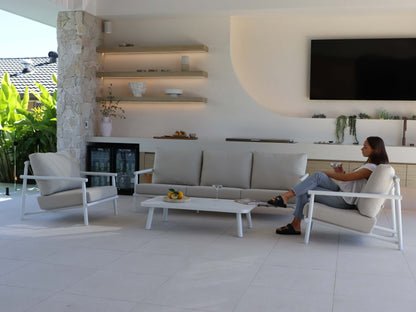 Havana 3 Seater with 2 x Armchair and Coffee Table in Arctic White with Dune Rope Inlay and Olefin Cushions