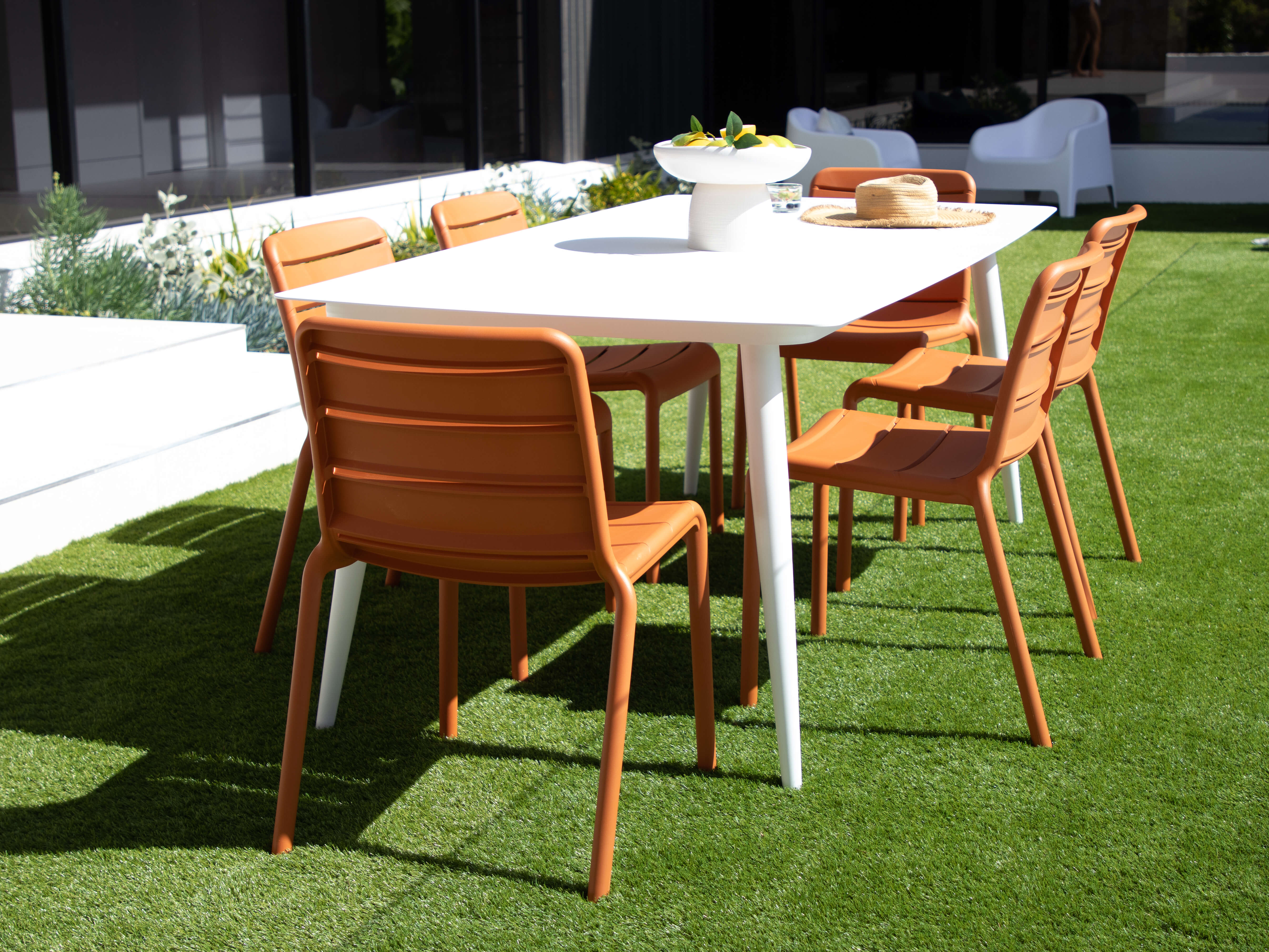 Amalfi Rectangle 7 Piece Outdoor Setting in Arctic White with Aura UV Plastic Outdoor Chairs (PP)