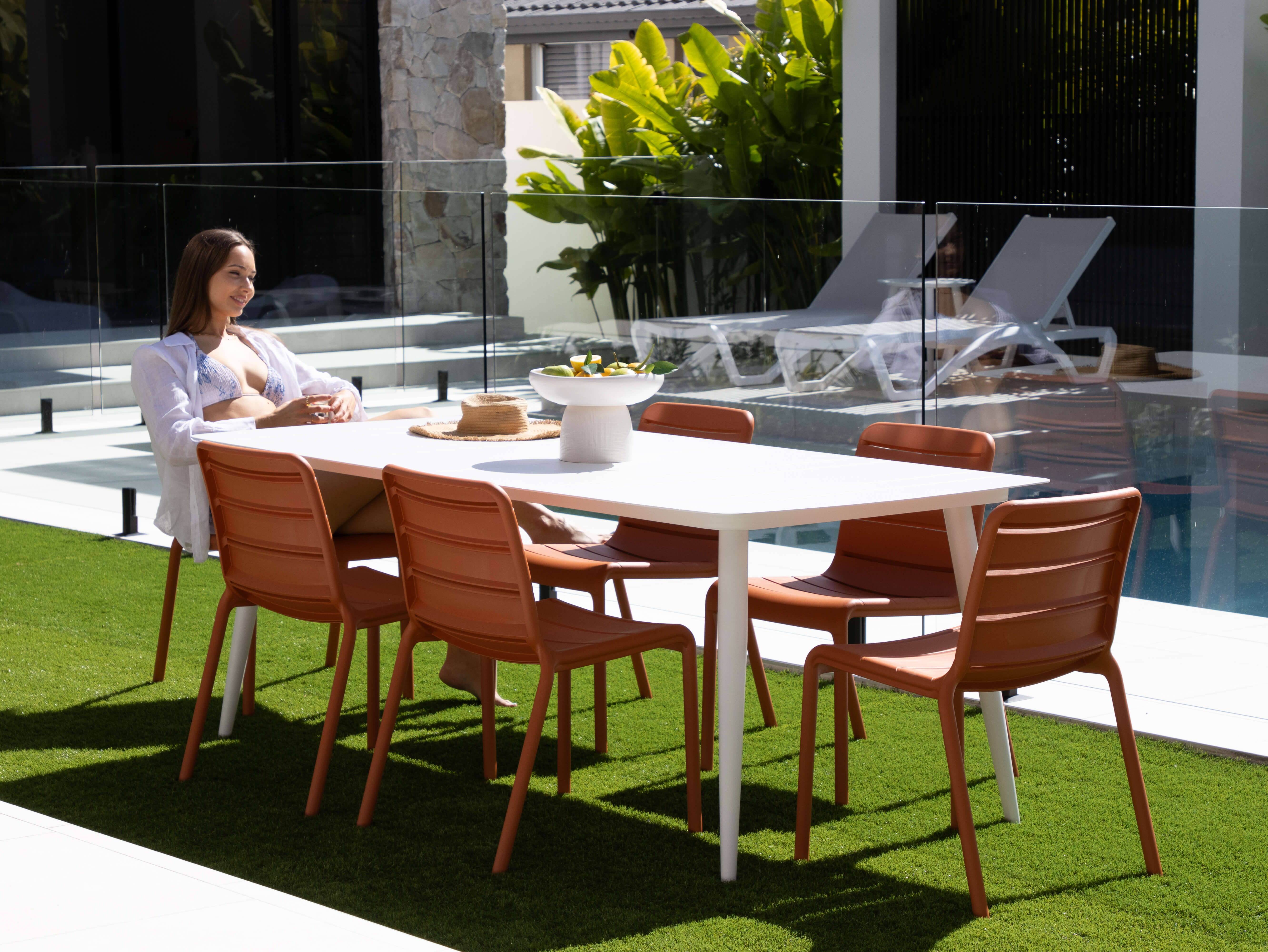 Amalfi Rectangle 7 Piece Outdoor Setting in Arctic White with Aura UV Plastic Outdoor Chairs (PP)
