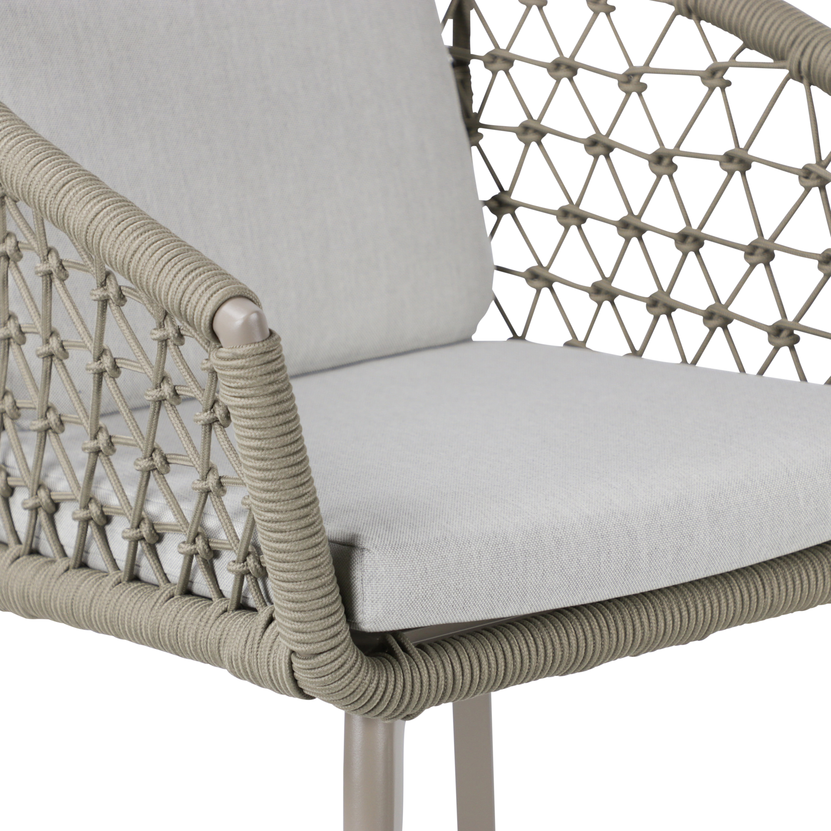 Antigua Dining Chair in Taupe with Dune Olefin Cushions and Rope