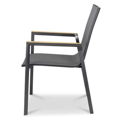 Providence Dining Chair in Gunmetal Aluminium and Texteline and Teak Arm