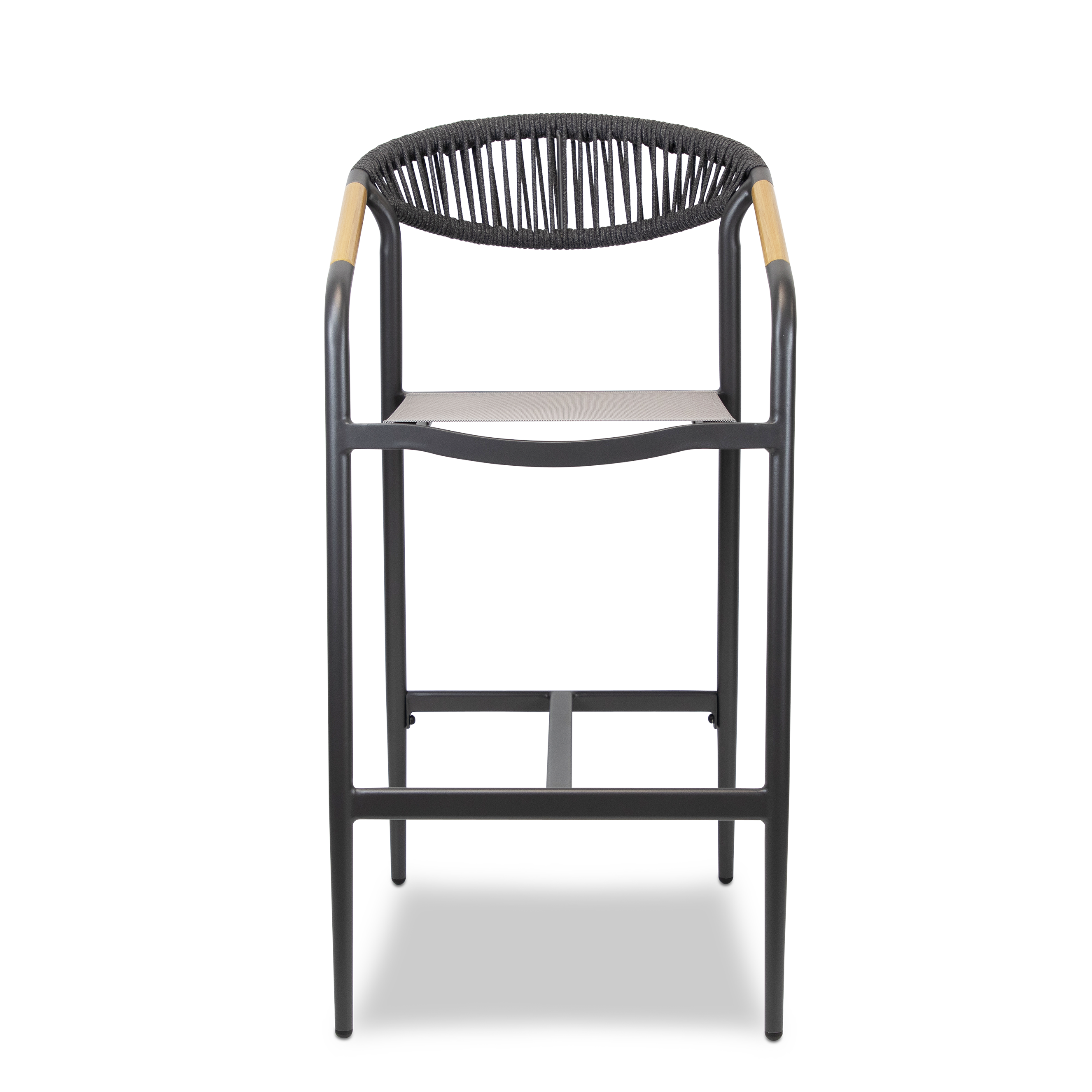 Amalfi Bar Stool in Gunmetal Aluminium Frame, Olefin Rope with Polywood Teak Accent and Charcoal Textilene