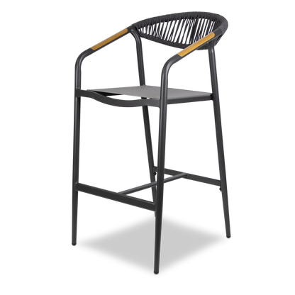 Amalfi Bar Stool in Gunmetal Aluminium Frame, Olefin Rope with Polywood Teak Accent and Charcoal Textilene