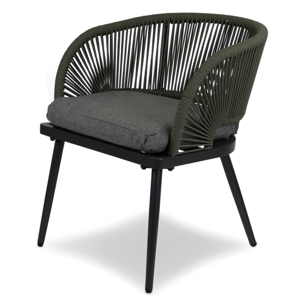 Santa Monica Dining Chair with Soft Ash Olefin Cushions, Bonsai Olefin Rope and Gunmetal Aluminium Frame