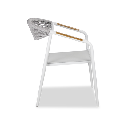 Amalfi Dining Chair in Arctic White, Olefin Rope with Polywood Teak Accent and Stone Grey Textilene