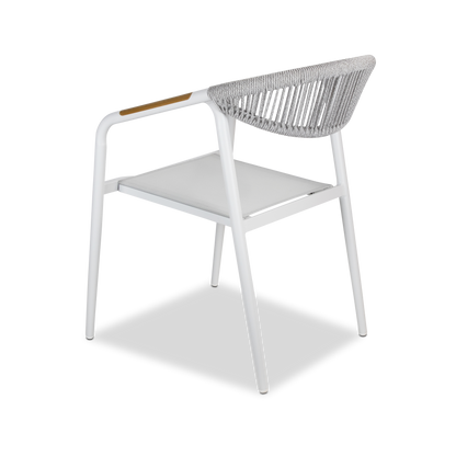 Amalfi Dining Chair in Arctic White, Olefin Rope with Polywood Teak Accent and Stone Grey Textilene