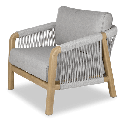 Daintree Armchair with Pebble Olefin Rope, Pebble Olefin Cushions and Teak Look Aluminium Frame