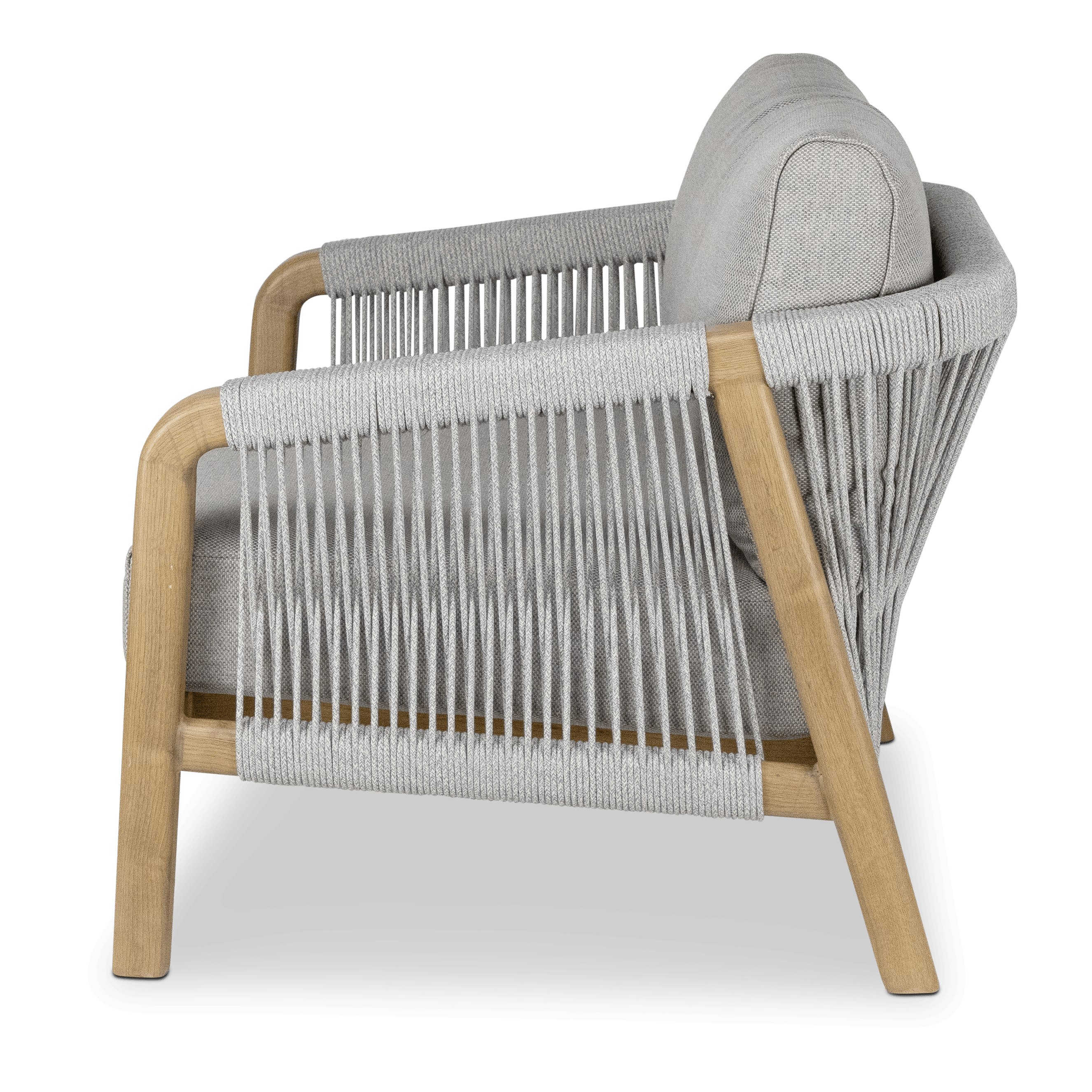 Daintree Armchair with Pebble Olefin Rope, Pebble Olefin Cushions and Teak Look Aluminium Frame