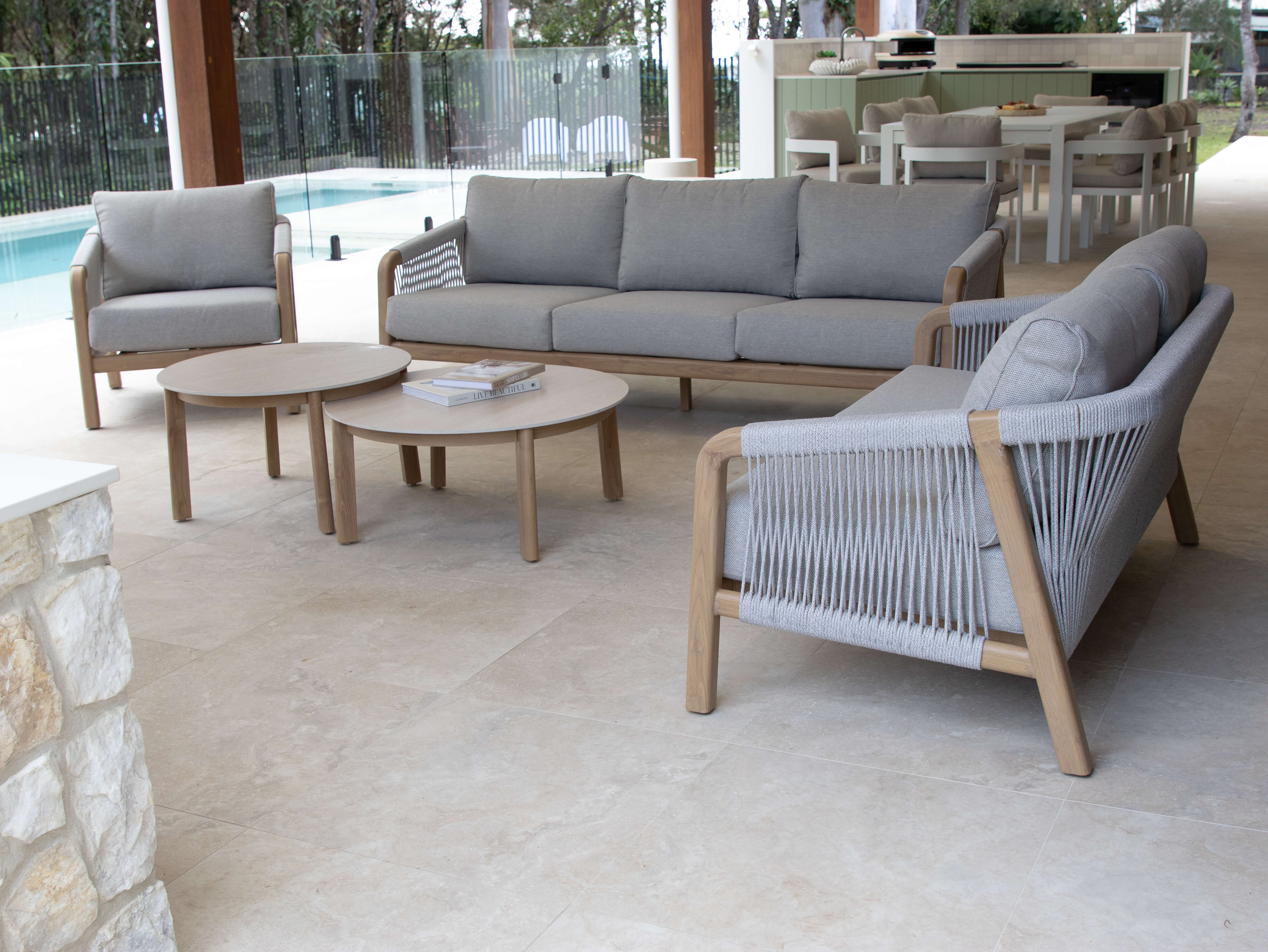 Daintree 5 piece Lounge Set with Pebble Olefin Rope, Pebble Olefin Cushions and Teak Look Aluminium Frame