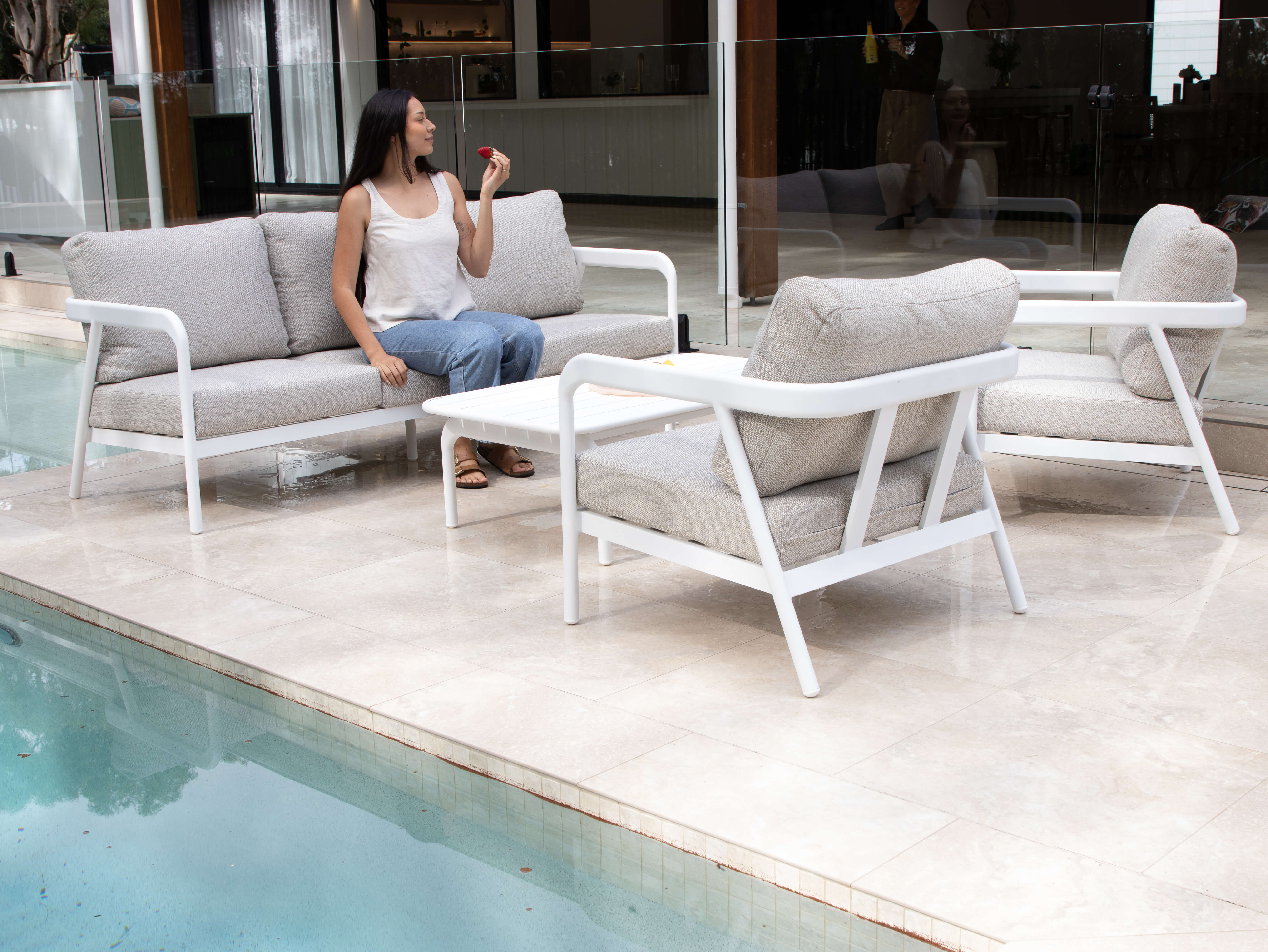 Santorini 4pc Lounge Suite in Arctic White Aluminium with Latte Check Spunpoly Cushions
