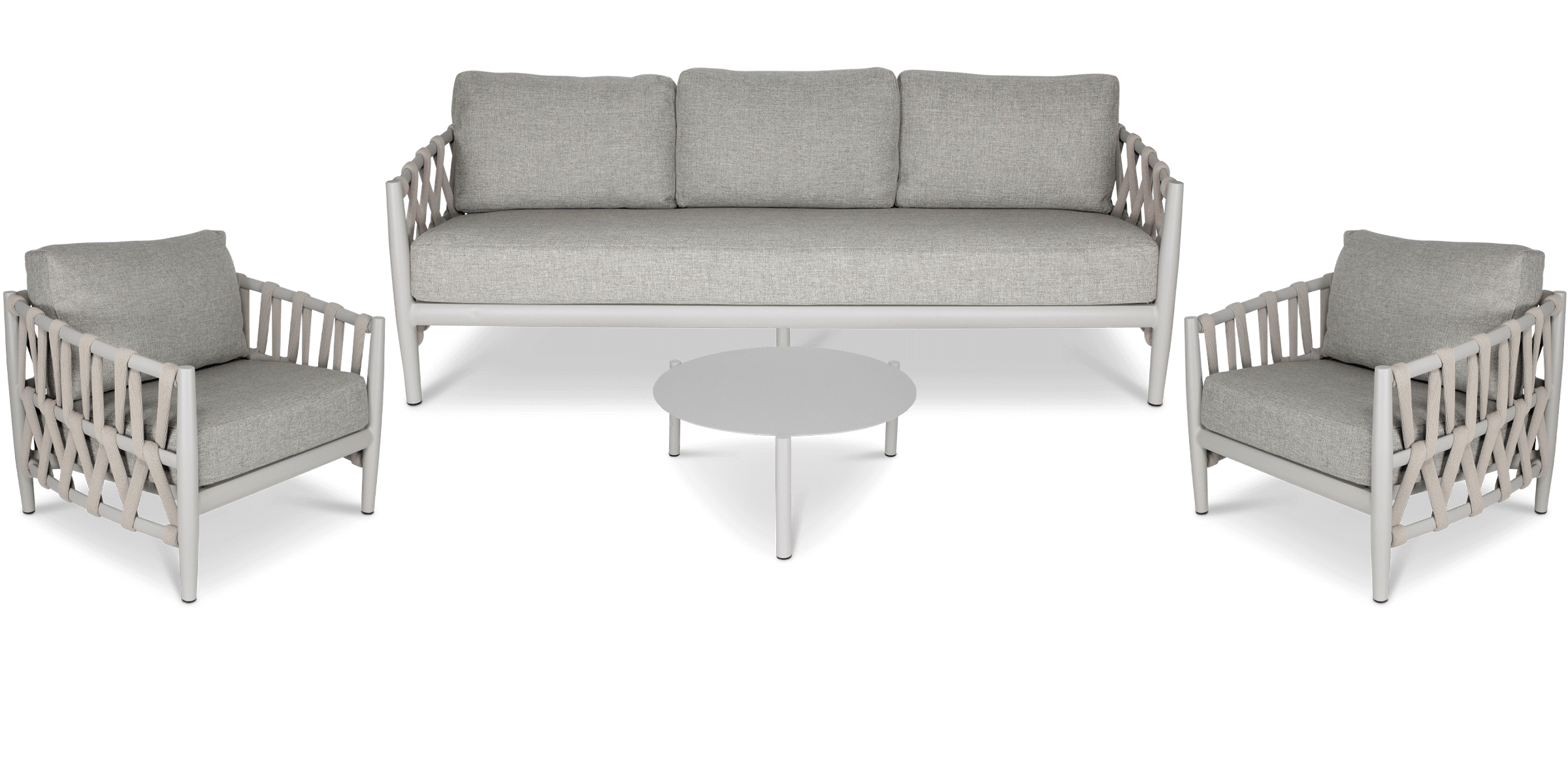 Kirra 3 Seater, 2 x Armchair, Coffee Table in Fawn with Smoke Olefin Cushions and Rope