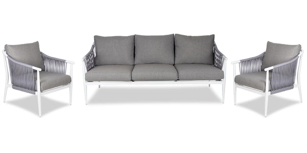 Marbella Outdoor 3 Seater and 2 x Armchair in Arctic White with Sahara Olefin Cushions and Pewter Rope