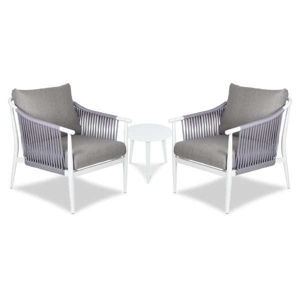 Marbella & Santorini Large 3pc Occasional Set in Arctic White with Sahara Olefin Cushions and Pewter Rope