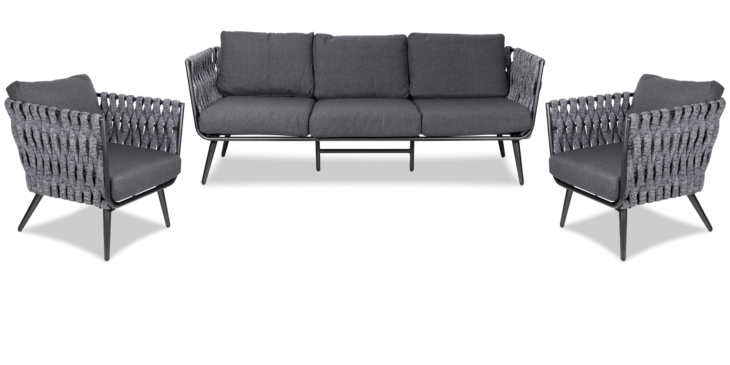 Montego 3 Seater, 2 x Armchair in Gunmetal Grey with Charcoal Spun Poly Cushions and Midnight Fleck Olefin Rope