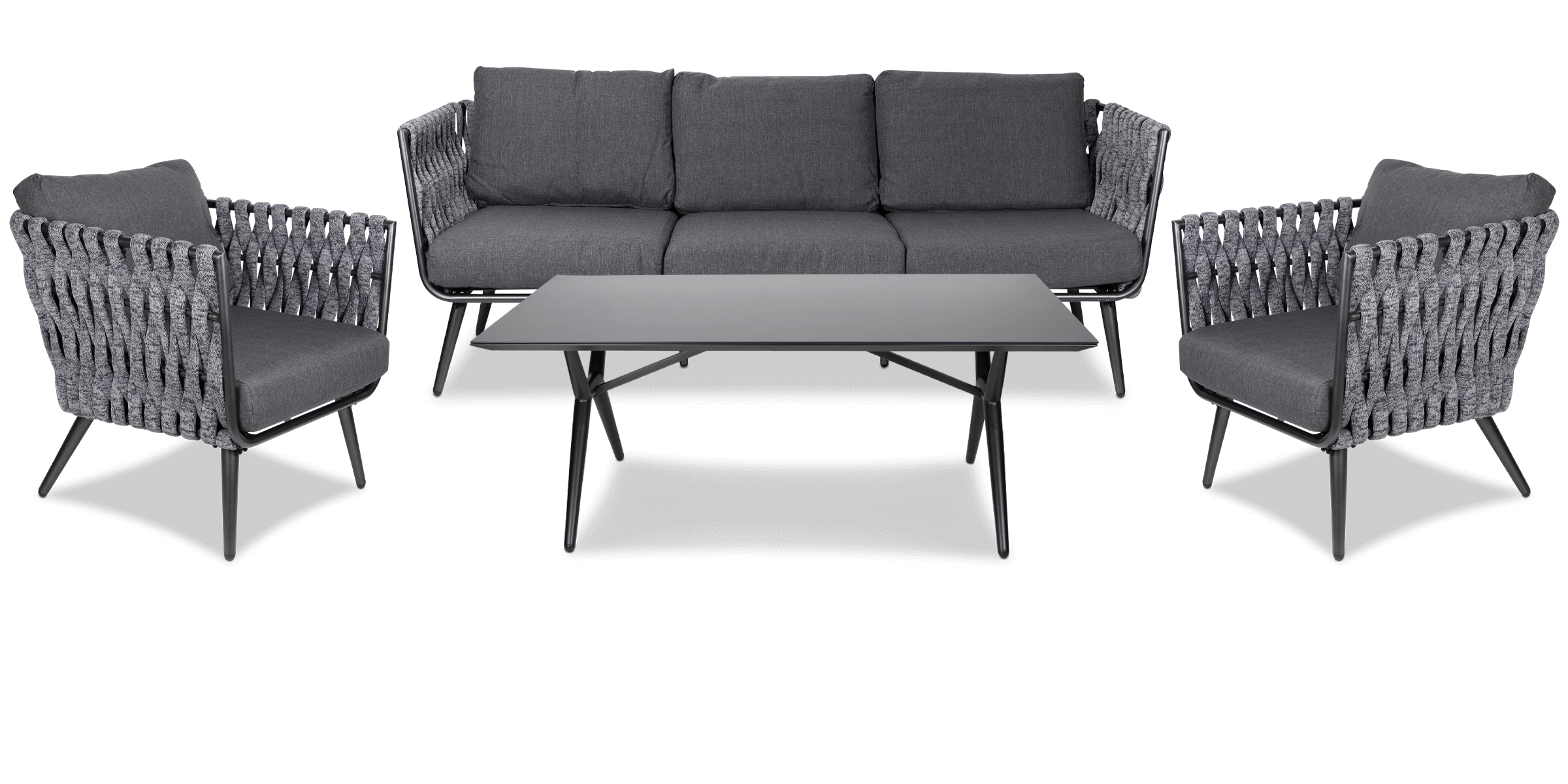 Montego 3 Seater, 2 x Armchair and Coffee Table in Gunmetal Grey with Charcoal Spun Poly Cushions and Midnight Fleck Olefin Rope