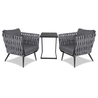 Montego & Mykonos Large 3pc Set in Gunmetal Grey with Charcoal Spun Poly Cushions and Midnight Fleck Olefin Rope