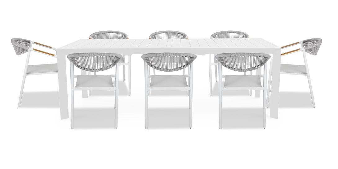 Morocco Outdoor Extension Table in White with Rope Chairs