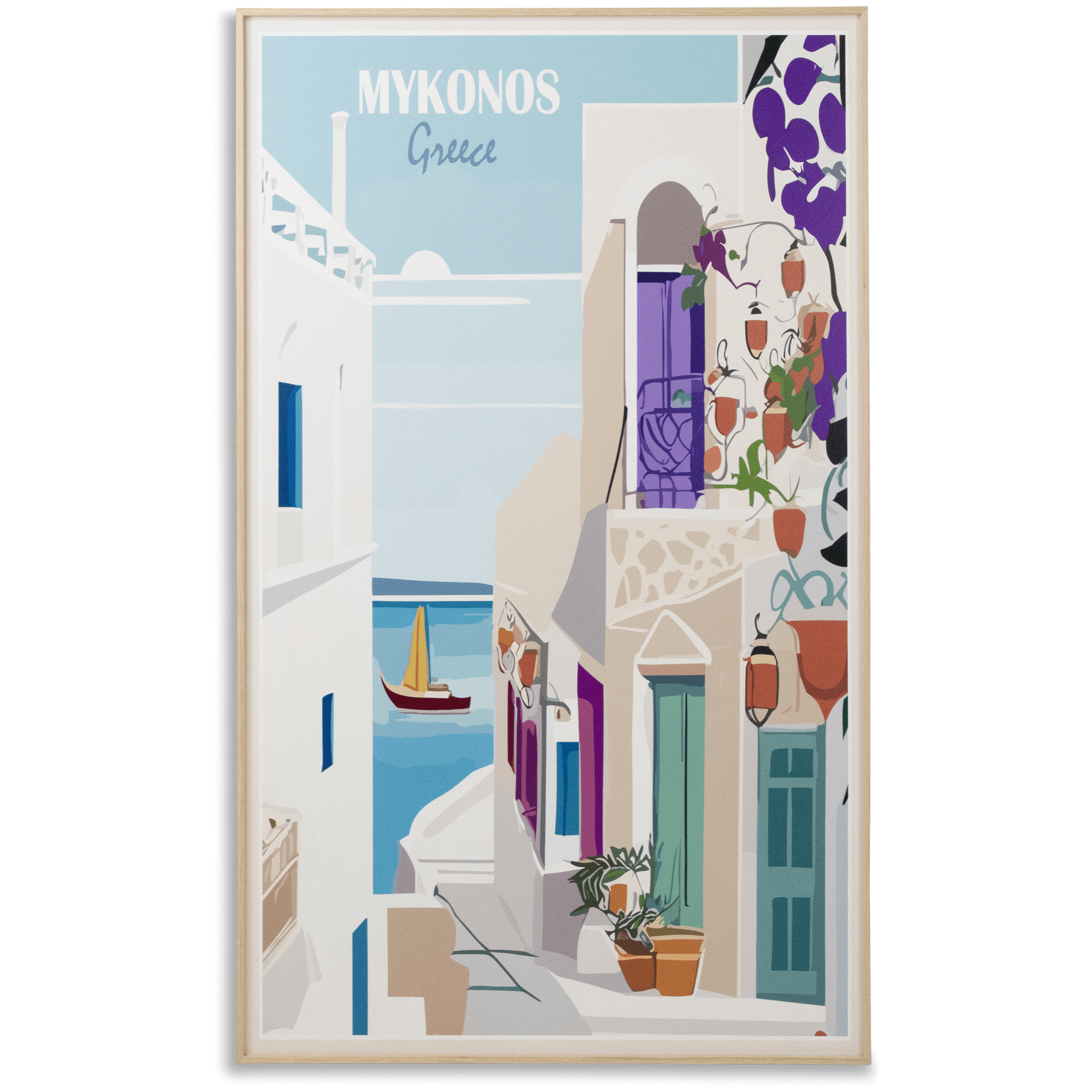 *IN STORE PICK UP ONLY* Mykonos Greece - 60 x 100cm Outdoor UV Wall Art with Beech Aluminium Frame