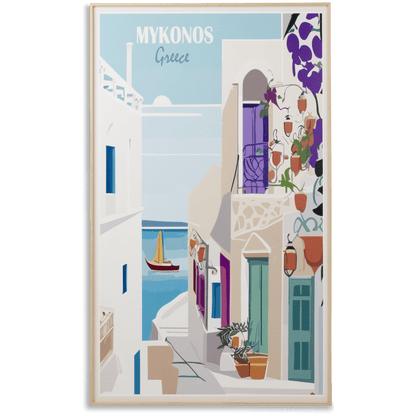 *IN STORE PICK UP ONLY* Mykonos Greece - 60 x 100cm Outdoor UV Wall Art with Beech Aluminium Frame