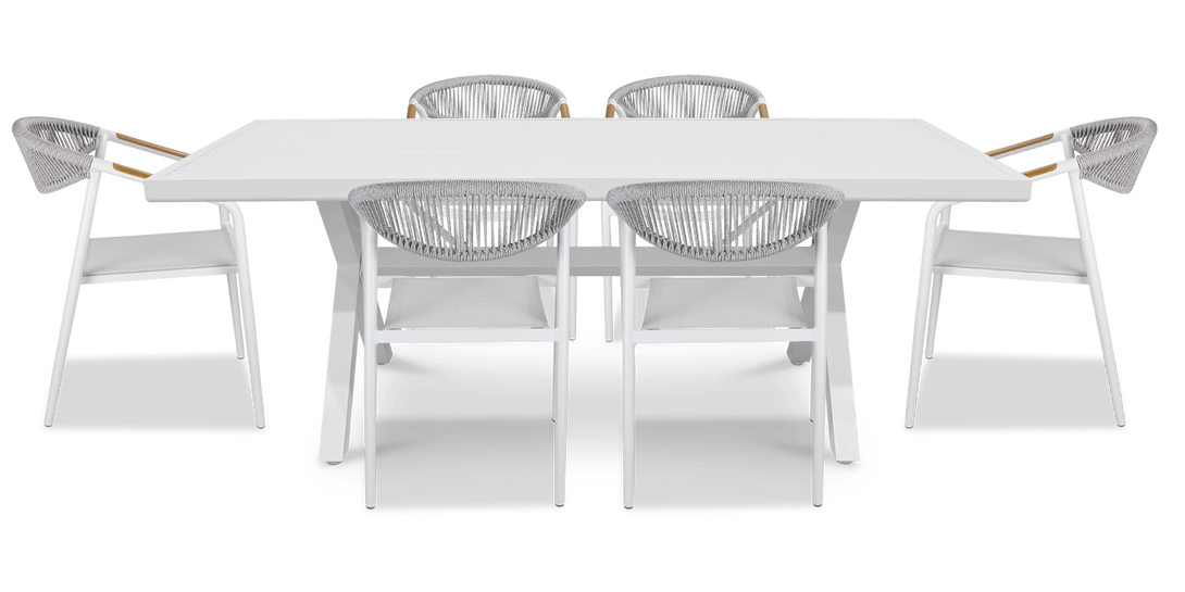 Noosa Rectangle 7 Piece Outdoor Setting in Arctic White with Rope Chairs