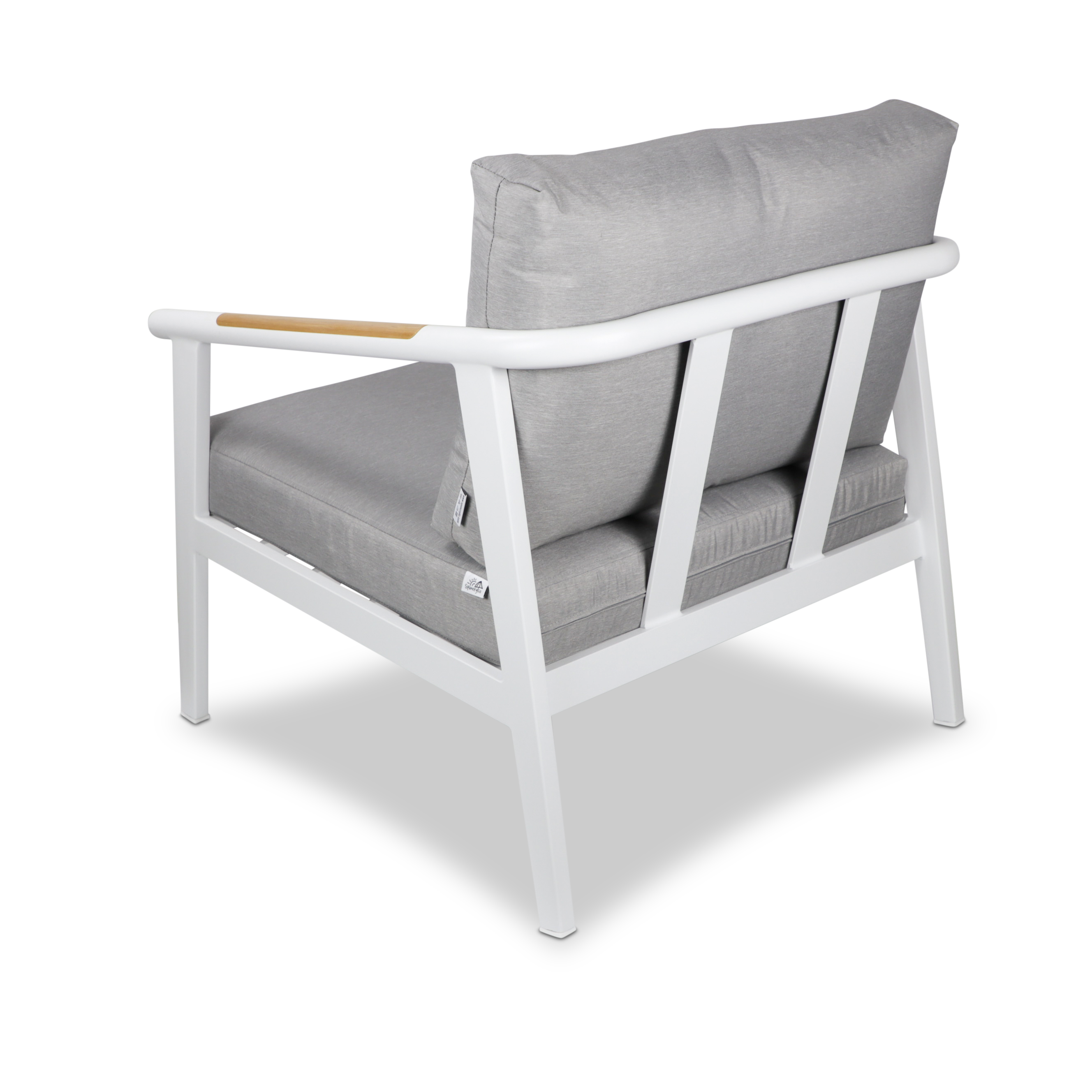 Porto & Santorini Large 3pc Occasional Set in Arctic White Aluminium Frame with Teak Polywood Accent and Spuncrylic Stone Grey Cushions