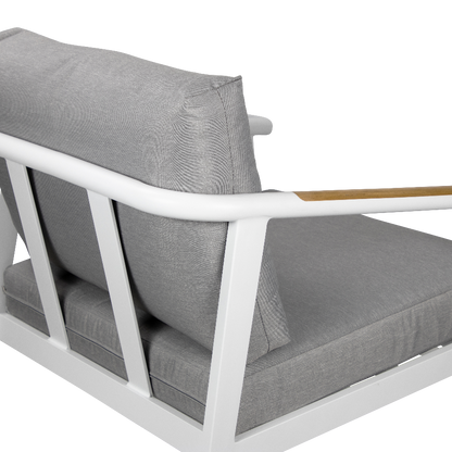 Porto & Ravello 3pc Occasional Set in Arctic White Aluminium Frame with Teak Polywood Accent and Spuncrylic Stone Grey Cushions