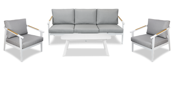 Porto 3 Seater with 2 x Armchair & Amalfi Coffee Table in Arctic White with Teak Polywood Accent and Spuncrylic Stone Grey Cushions