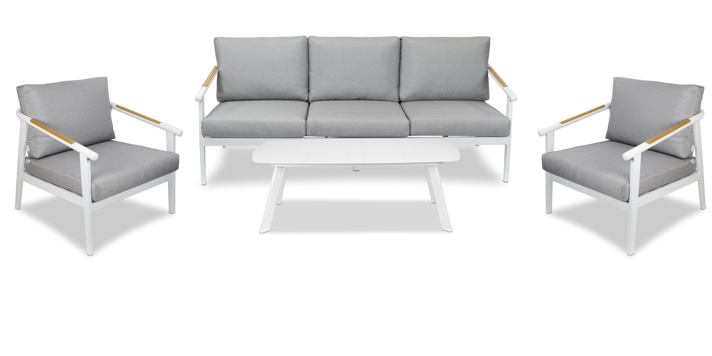 Porto 3 Seater with 2 x Armchair & Amalfi Coffee Table in Arctic White with Teak Polywood Accent and Spuncrylic Stone Grey Cushions