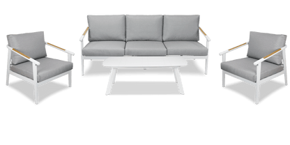 Porto 3 Seater with 2 x Armchair & Amalfi Coffee Table in Arctic White with Teak Polywood Accent and Spuncrylic Stone Grey Cushions