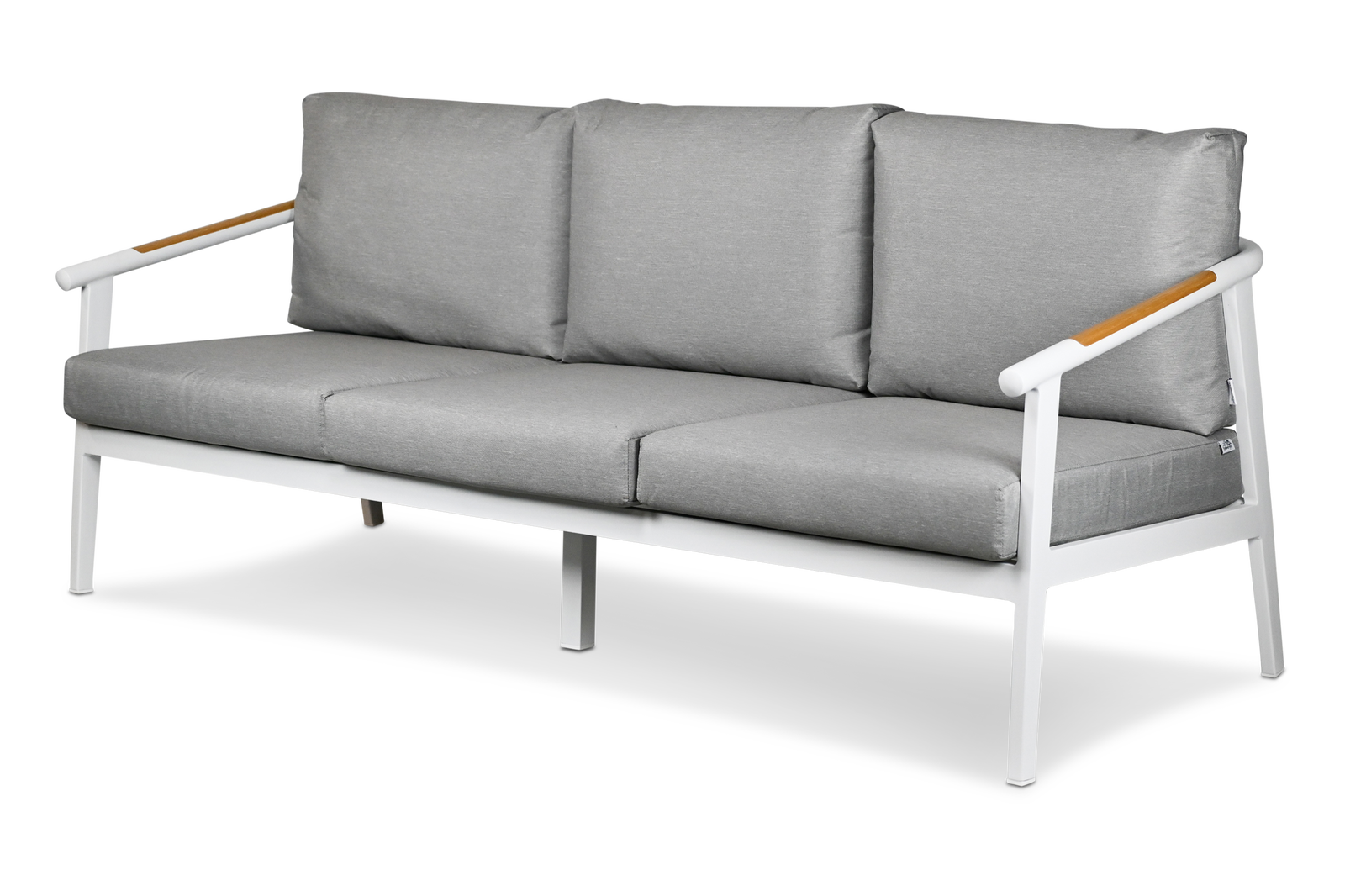 Porto 3 Seater in Arctic White Aluminium Frame with Teak Polywood Accent and Spuncrylic Stone Grey Cushions - The Furniture Shack