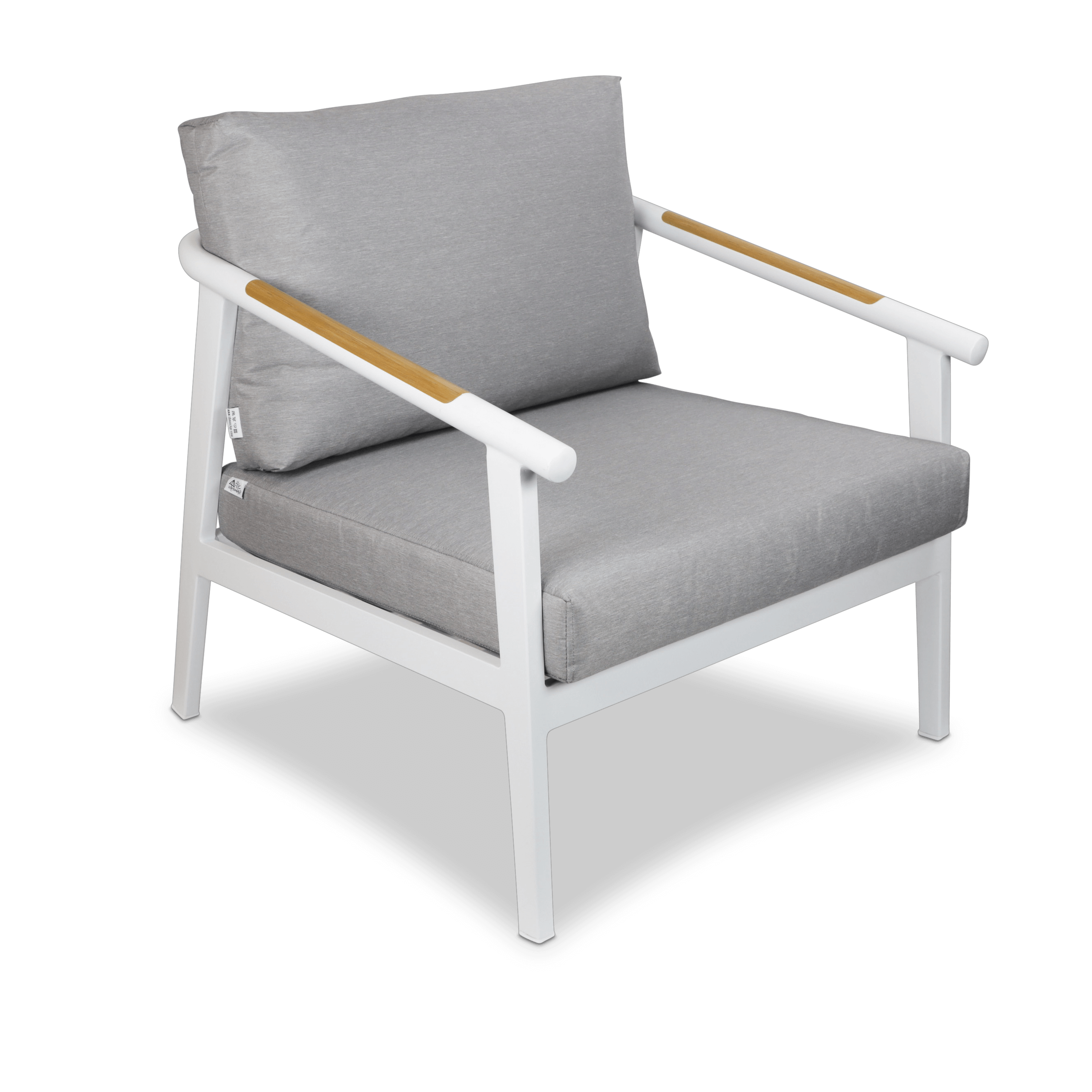 Porto 3 Seater with 2 x Armchair & Amalfi Coffee Table in Arctic White with Teak Polywood Accent and Spuncrylic Stone Grey Cushions
