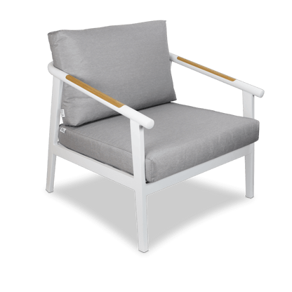 Porto 3 Seater with 2 x Armchair & Amalfi Coffee Table in Arctic White with Teak Polywood Accent and Spuncrylic Stone Grey Cushions