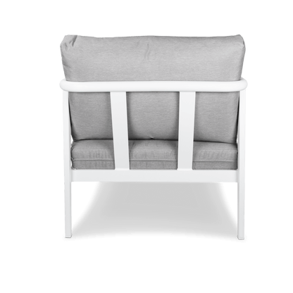 Porto 3 Seater with 2 x Armchair & Amalfi Coffee Table in Arctic White with Teak Polywood Accent and Spuncrylic Stone Grey Cushions