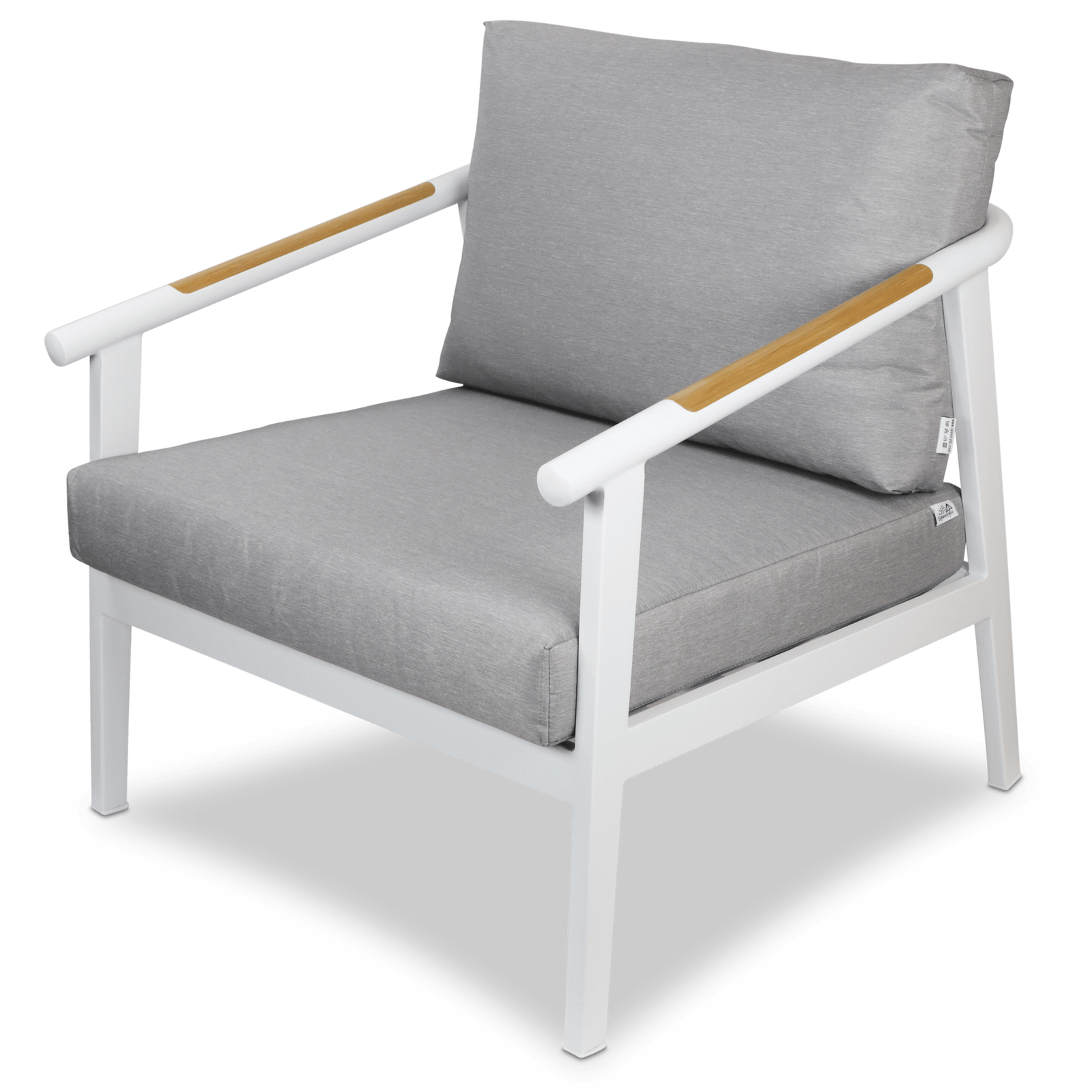 Porto Outdoor Armchair in Arctic White Aluminium Frame with Teak Polywood Accent and Spuncrylic Stone Grey Cushions - The Furniture Shack