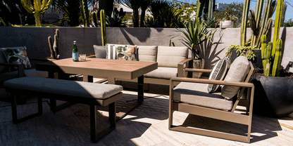 Positano 5 piece lounge in Taupe with Polywood Inset with Latte Check Spun Polyester Cushions