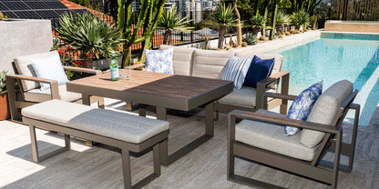 Positano 5 piece lounge in Taupe with Polywood Inset with Latte Check Spun Polyester Cushions