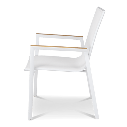 Providence Dining Chair in Arctic White Aluminium and Texteline and Teak Arm