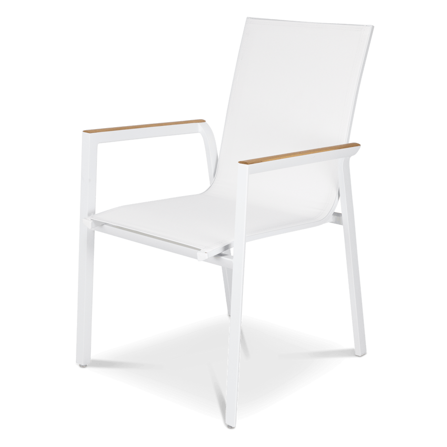 Providence Dining Chair in Arctic White Aluminium and Texteline and Teak Arm