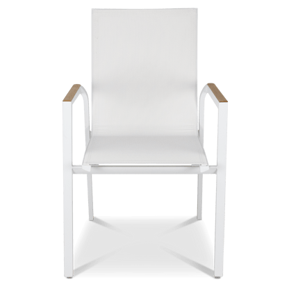 Providence Dining Chair in Arctic White Aluminium and Texteline and Teak Arm
