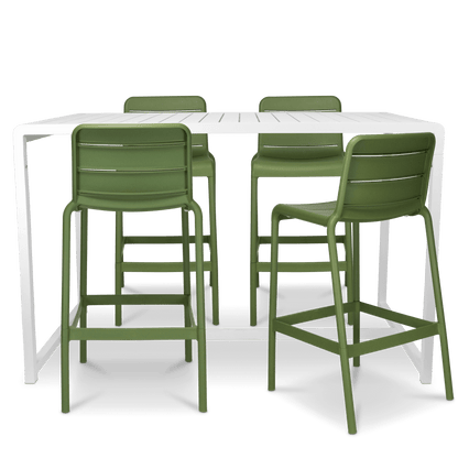 Santorini 5pc Bar Suite in Arctic White with UV Plastic Outdoor Bar Stools