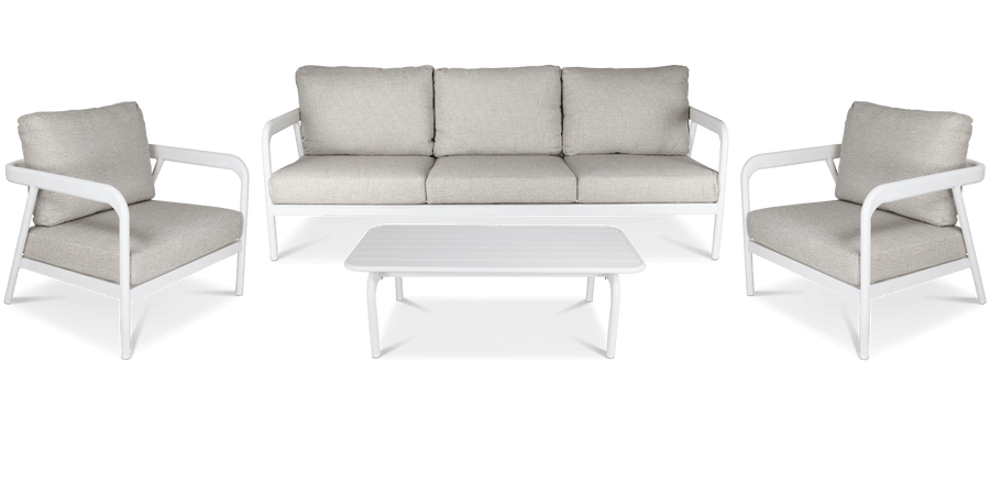 Santorini 4pc Lounge Suite in Arctic White Aluminium with Latte Check Spunpoly Cushions