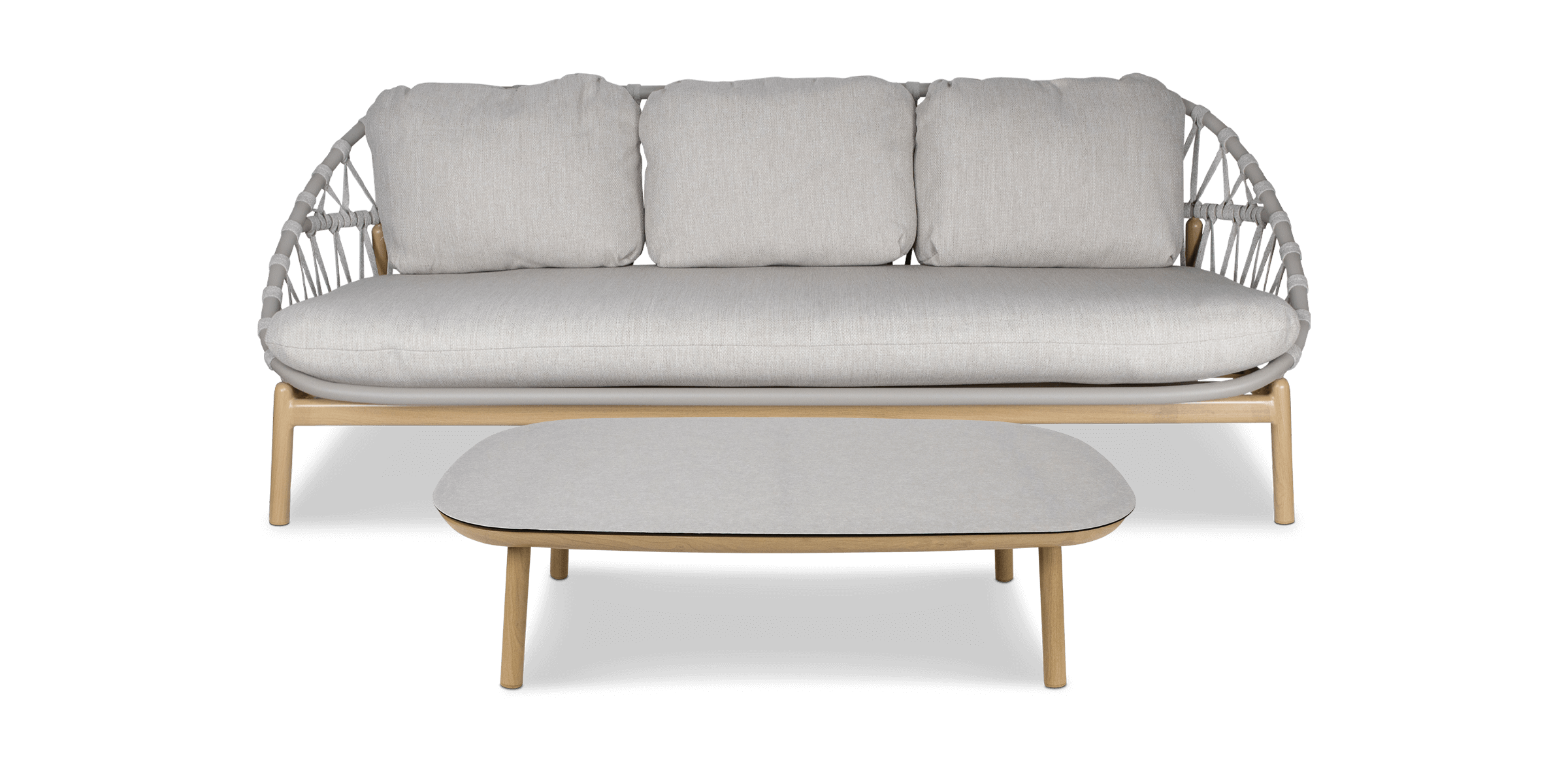 Siesta 3 seater with Coffee Table, Mist Olefin Rope, Icelandic Salt Cushions and Aluminium Frame