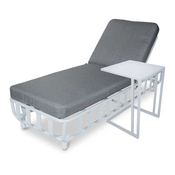 Sorrento Sunlounger & Mykonos Large Side Table in Arctic White with Spuncrylic Stone Grey Cushions