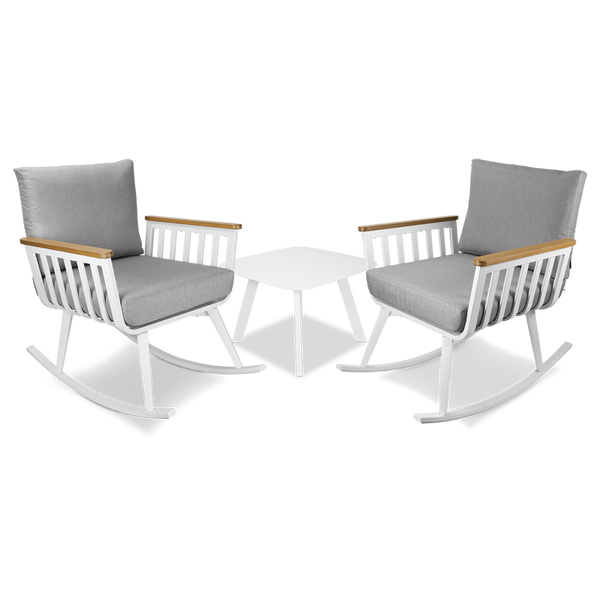 Sorrento Rocker 3pc Occasional Set in Arctic White with Polywood Teak Accent and Spuncrylic Stone Grey Cushions